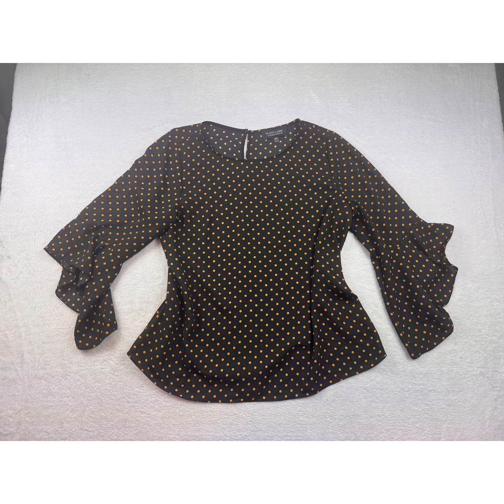 Black Label by Evan-Picone Polka Dot Ruffle Bell Sleeve Blouse Orange Black L